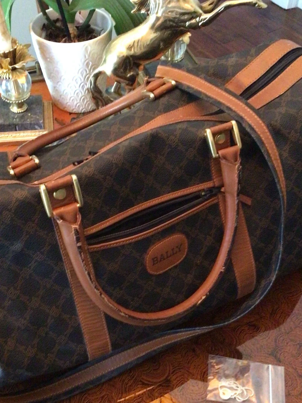 Bally Dark Brown Monogram Leather-Trim Duffel with lock & 2 keys